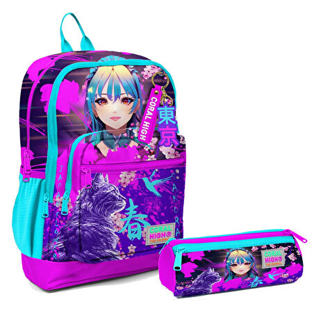 Coral High İlkokul Sırt Çantası ve Kalemlik Seti - Mor Pembe Anime Kedi - Kız Çocuk