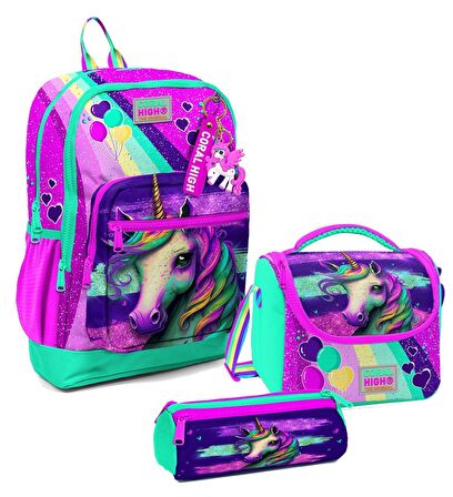 Coral High Kız Çocuk Üçlü İlkokul Okul Çanta Seti - Pembe Su Yeşili Unicorn