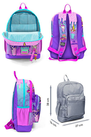 Coral High Dört Bölmeli Kız Çocuk Okul Sırt Çantası ve Beslenme Seti - Pembe Mor Dondurma