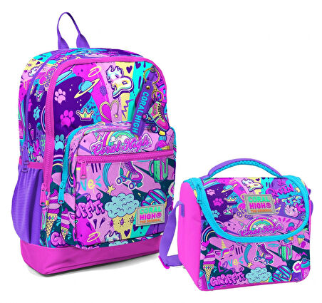 Coral High Dört Bölmeli Kız Çocuk Okul Sırt Çantası ve Beslenme Seti - Grafiti