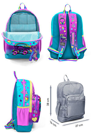 Coral High Dört Bölmeli Kız Çocuk Okul Sırt Çantası ve Beslenme Seti - Pembe Turkuaz Kulaklık Paten