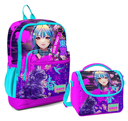 Coral High Dört Bölmeli Kız Çocuk Okul Sırt Çantası ve Beslenme Seti - Mor Pembe Anime Kedi