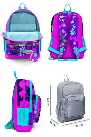 Coral High Dört Bölmeli Kız Çocuk Okul Sırt Çantası ve Beslenme Seti - Mor Pembe Anime Kedi