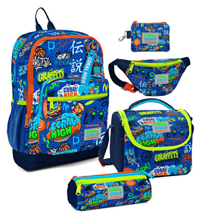 Coral High Erkek Çocuk Saks Grafiti Desenli Beşli İlkokul Okul Çanta Seti