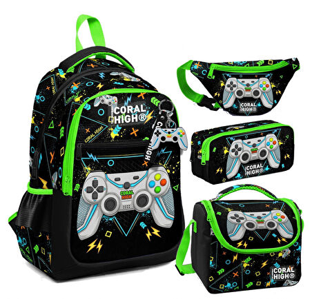 Coral High Siyah Fosforlu Yeşil Gamer Desenli Erkek Çocuk Okul Beslenme Kalemlik ve Bel Çantası Seti - İlkokul İçin Uygun