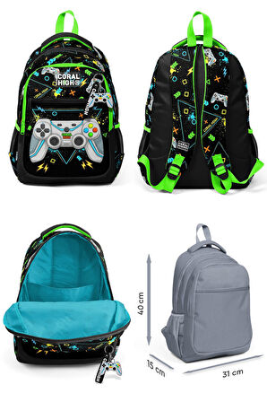 Coral High Siyah Fosforlu Yeşil Gamer Desenli Erkek Çocuk Okul Beslenme Kalemlik ve Bel Çantası Seti - İlkokul İçin Uygun