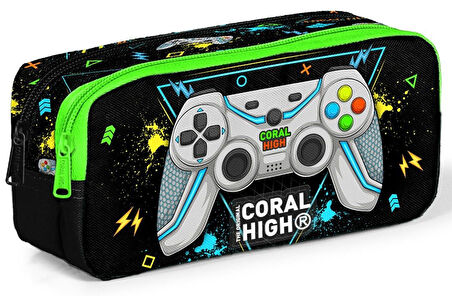 Coral High Siyah Fosforlu Yeşil Gamer Desenli Erkek Çocuk Okul Beslenme Kalemlik ve Bel Çantası Seti - İlkokul İçin Uygun
