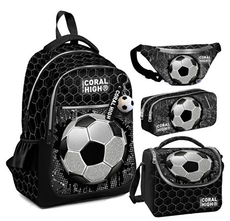Coral High Siyah Futbol Desenli Erkek Çocuk Okul Beslenme Kalemlik ve Bel Çantası Seti - İlkokul İçin Uygun