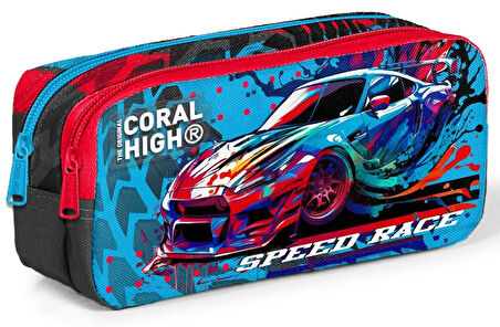Coral High Gri Mavi Yarış Arabası Desenli Erkek Çocuk Okul Beslenme Kalemlik ve Bel Çantası Seti - İlkokul İçin Uygun