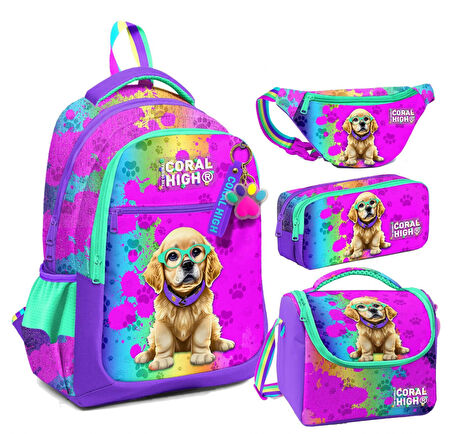 Coral High Mor Pembe Köpek Desenli Kız Çocuk Okul Beslenme Kalemlik ve Bel Çantası Seti - İlkokul İçin Uygun