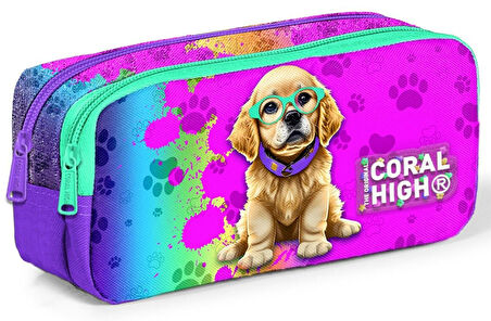 Coral High Mor Pembe Köpek Desenli Kız Çocuk Okul Beslenme Kalemlik ve Bel Çantası Seti - İlkokul İçin Uygun
