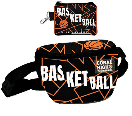 Coral High Erkek Çocuk Siyah Basketbol Desenli Bel Çantası ve Bozuk Para Cüzdanı Set