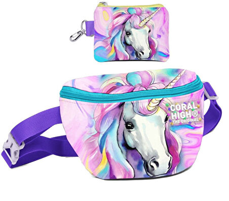 Coral High Kız Çocuk Unicorn Desenli Bel Çantası ve Bozuk Para Cüzdanı Set