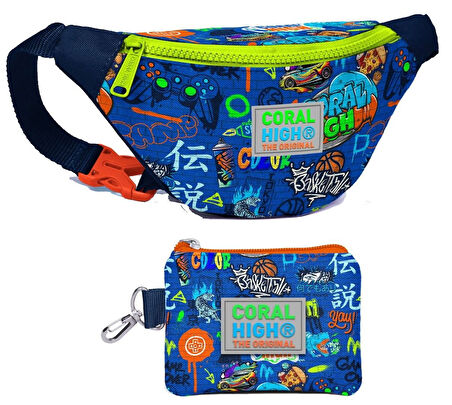Coral High Erkek Çocuk Saks Grafiti Desenli Bel Çantası ve Bozuk Para Cüzdanı Set