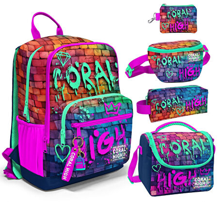Coral High Beşli İlkokul/Ortaokul Çanta Seti - Pembe Lacivert Grafiti - Erkek Çocuk
