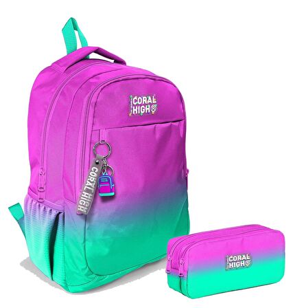 Coral High Kız Çocuk Pembe Su Yeşili Renk Geçişli İlkokul ve Ortaokul Sırt Çantası ve Kalemlik Seti