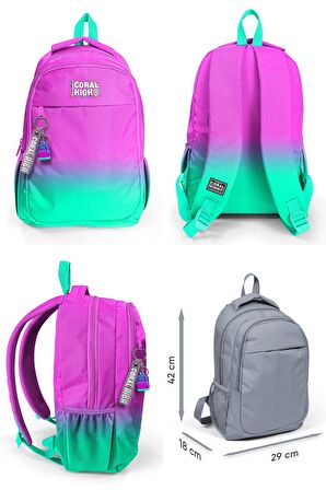 Coral High Kız Çocuk Pembe Su Yeşili Renk Geçişli İlkokul ve Ortaokul Sırt Çantası ve Kalemlik Seti