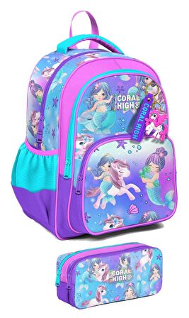 Coral High İlkokul Sırt Çantası ve Kalemlik Seti - Kız Çocuk - Mor Pembe Unicorn