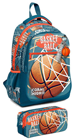 Coral High İlkokul Sırt Çantası ve Kalemlik Seti - Erkek Çocuk - Nefti Turuncu Basketbol
