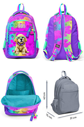 Coral High İlkokul Sırt Çantası ve Kalemlik Seti - Kız Çocuk - Mor Pembe Köpek