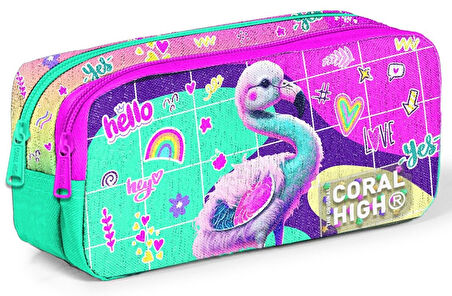 Coral High İlkokul Sırt Çantası ve Kalemlik Seti - Kız Çocuk - Pembe Su Yeşili Flamingo