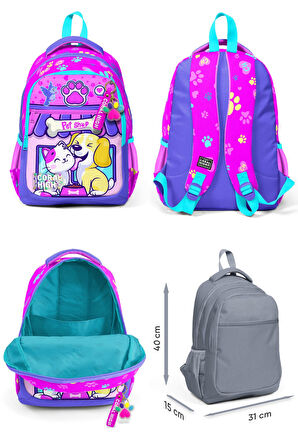 Coral High İlkokul Sırt Çantası ve Kalemlik Seti - Kız Çocuk - Kedi Köpek