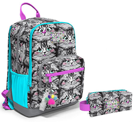 Coral High Dört Bölmeli Ortaokul Sırt Çantası ve Kalemlik Seti - Gri Kedi - Kız Çocuk
