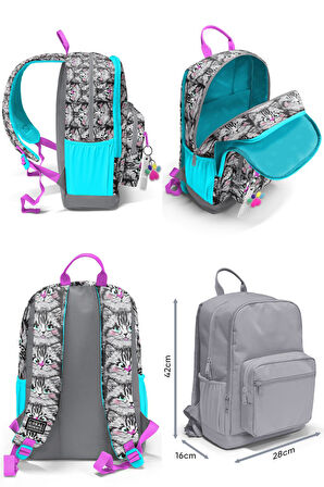 Coral High Dört Bölmeli Ortaokul Sırt Çantası ve Kalemlik Seti - Gri Kedi - Kız Çocuk