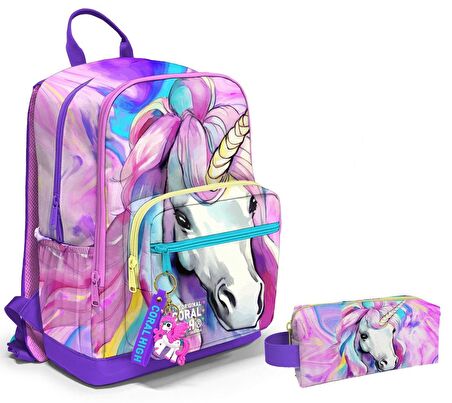 Coral High Dört Bölmeli Ortaokul Sırt Çantası ve Kalemlik Seti - Unicorn - Kız Çocuk