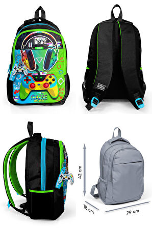 Coral High Erkek Çocuk Üç Gözlü İlkokul ve Ortaokul Sırt Çantası+Beslenme - Kulaklık Game