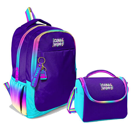 Coral High Kız Çocuk Üç Gözlü İlkokul ve Ortaokul Sırt Çantası+Beslenme - Rainbow Fermuarlı Mor