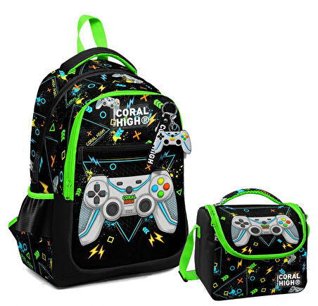 Coral High Üç Gözlü İlkokul Çantası ve Beslenme Çantası - Siyah Fosforlu Yeşil Gamer Desenli - Erkek Çocuk