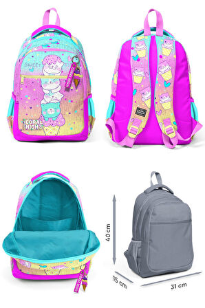 Coral High Üç Gözlü İlkokul Çantası ve Beslenme Çantası - Renkli Dondurmalı Kedi Desenli - Kız Çocuk