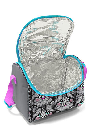 Coral High Dört Bölmeli Ortaokul Çantası ve Beslenme Çantası Seti - Gri Kedi - Kız Çocuk
