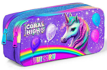 Coral High Üç Gözlü İlkokul ve Ortaokul Çanta Seti - Kız Çocuk - Mor Simli Unicorn Desenli