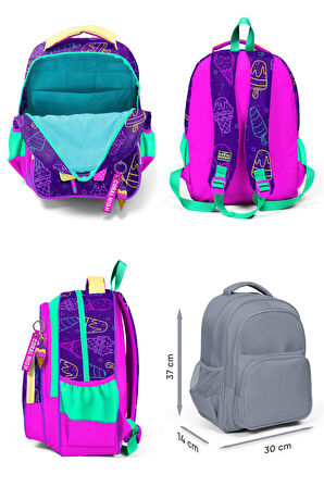 Coral High Kız Çocuk Üç Gözlü İlkokul Çanta Seti - Mor Pembe Dondurma Desenli