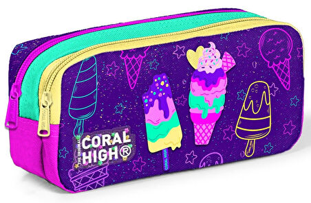 Coral High Kız Çocuk Üç Gözlü İlkokul Çanta Seti - Mor Pembe Dondurma Desenli