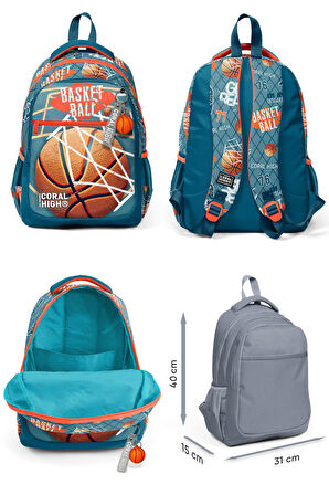 Coral High Erkek Çocuk Üç Gözlü İlkokul Çanta Seti - Nefti Turuncu Basketbol Desenli
