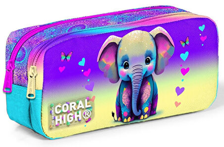 Coral High Kız Çocuk Üç Gözlü İlkokul Çanta Seti - Pembe Turkuaz Fil Desenli