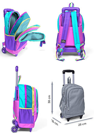 Coral High Pembe Pastel Renkli Işıklı Tekerlekli Çekçek Çanta ve Kalemlik Seti - Kız Çocuk