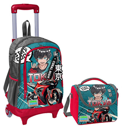 Coral High Gri Nefti Anime Motorsiklet Işıklı Tekerlekli Okul Çantası ve Beslenme Seti - Erkek Çocuk