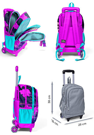 Coral High Mor Pembe Anime Kedi Işıklı Tekerlekli Okul Çantası ve Beslenme Seti - Kız Çocuk