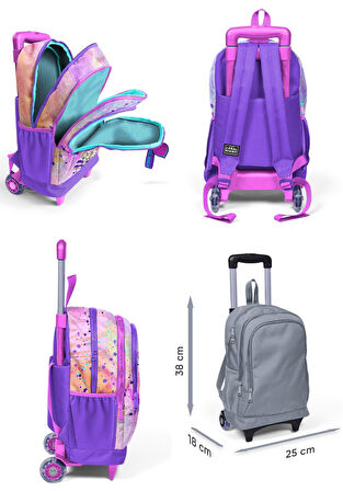 Coral High Pembe Mor Fashion Girl Üçlü Çekçek Işıklı Tekerlekli Çanta Seti - Kız Çocuk