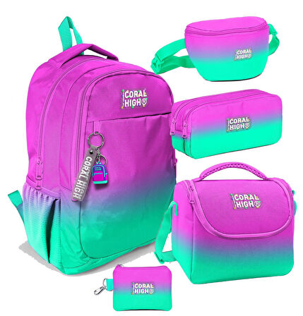 Coral High Pembe Su Yeşili Renk Geçişli Desenli Kız Çocuk Beşli Okul Çanta Seti - İlkokul ve Ortaokul İçin Uygun