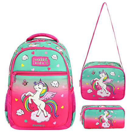 Waddellbag Kırmızı Yeşil Unicorn Kız Çocuk Üçlü İlkokul Çanta Seti