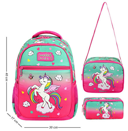 Waddellbag Kırmızı Yeşil Unicorn Kız Çocuk Üçlü İlkokul Çanta Seti