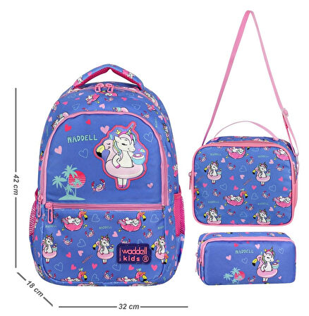 Waddellbag Mor Pembe Unicorn Kız Çocuk Üçlü İlkokul Çanta Seti