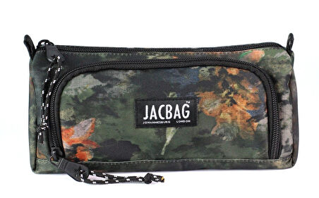 Jacbag Prime XL Lastik Ayraçlı İki Bölmeli Kalem Çantası Yeşil Yapraklı - Yeşil - Siyah