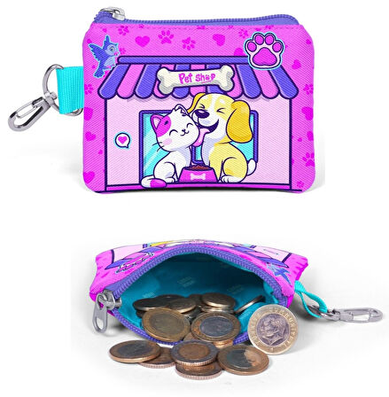 Coral High Kız Çocuk Pembe Köpek ve Kedi Desenli Valiz Bel Çantası ve Bozuk Para Cüzdan Seti 16776