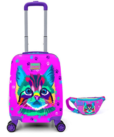 Coral High Pembe Kedi Desenli Kız Çocuk Valizi ve Bel Çantası Seti
